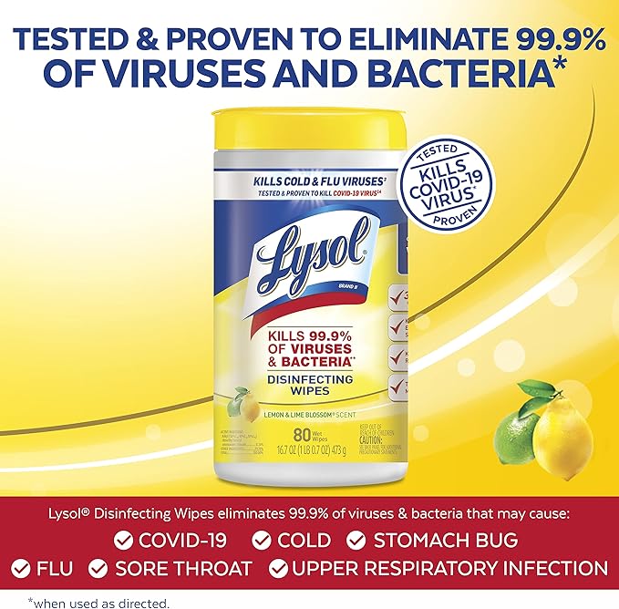 Lysol Disinfectant Wipes, Multi-Surface Antibacterial Cleaning Wipes, For Disinfecting and Cleaning, Lemon and Lime Blossom, 80 Count (Pack of 1)