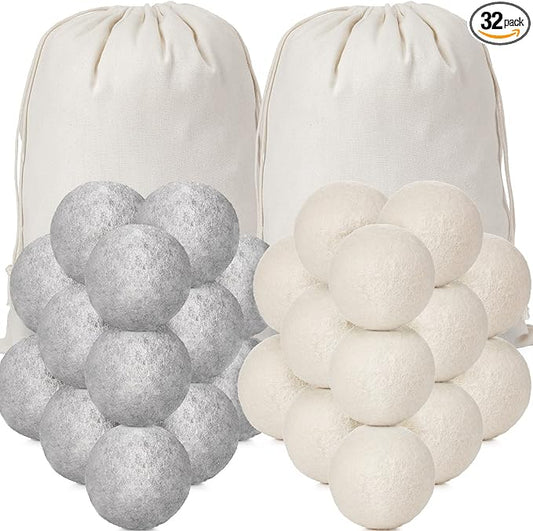 Roowest 32 Pieces Wool Dryer Balls Set 30 Reusable Wool Balls with 2 Muslin Bags Wool Laundry Balls Fabric Softener Ball Anti Wrinkle Anti Static Saving Energy and Time