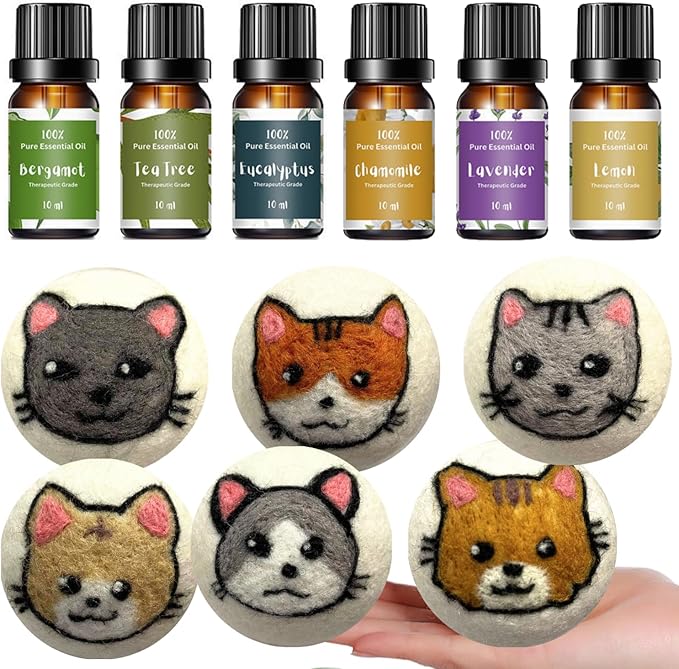 Essential Oils for Laundry, Diffusers, Dryer Balls, Candles, Soaps – 6 Most Used 100% Pure Therapeutic Grade Aromatherapy Oils (6 XL Cat Dryer Balls & Essential Oil Set Bundle)