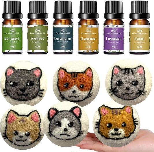 Essential Oils for Laundry, Diffusers, Dryer Balls, Candles, Soaps – 6 Most Used 100% Pure Therapeutic Grade Aromatherapy Oils (6 XL Cat Dryer Balls & Essential Oil Set Bundle)