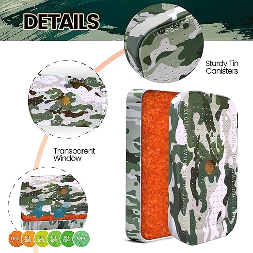 40 Gram Gun Safe Dehumidifier Camouflage, Rechargeable Desiccant Canister Dehumidifier Bags, Reusable Silica Gel Packets Moisture Absorbers for Car, Bathroom, Basement [6 Pack]