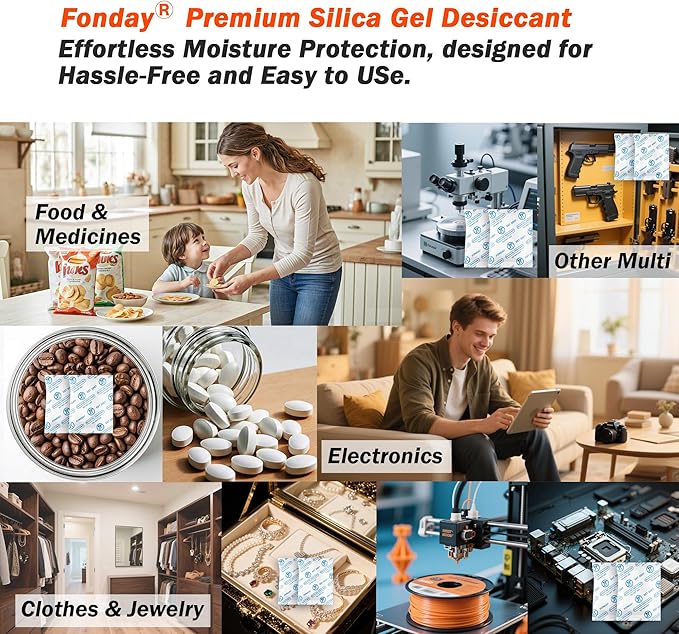 5g x 100 Packs Fonday Food Grade Silica Gel Desiccants Packs Moisture Absorbers Dehumidifier for Food Storage, Electronics, 3D Filament & Safes