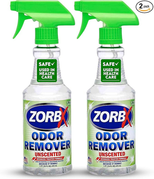ZORBX Unscented Odor Eliminator for Strong Odor 16 oz - Pack of 2 - Used in Hospitals & Healthcare Facilities - Advanced Trusted Formula, Fast-Acting Odor Remover Spray for Dog, Cat, House & Carpet