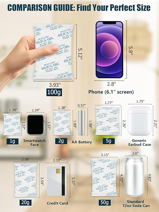 50 Gram (20 Pack) Color-Indicating Silica Gel Packets, Premium Food Grade Desiccant - Rechargeable Moisture Absorbers for Food Storage, Electronics, 3D Filament & Safes