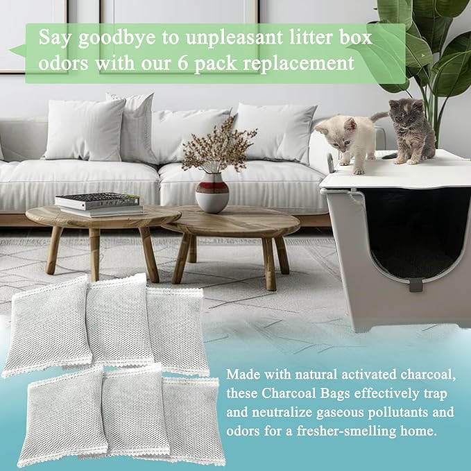 6PCS Activated Charcoal Odor Absorber Bags Compatible with Modkat Flip Cat Litter Box Kit, Natural Freshest Coconut shell Charcoal Bags, Absorb Odors/Control Damp from Pets/Keep Home Fresh
