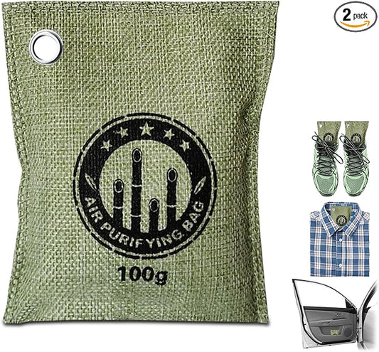 2 Bags Natural Air Purifying Bag | Bamboo Charcoal Odor Absorber for Home & Car | Closet Odor Eliminator, Small Room Deodorizer & Car Air Freshener | Charcoal Bags (100g light green, Unscented)