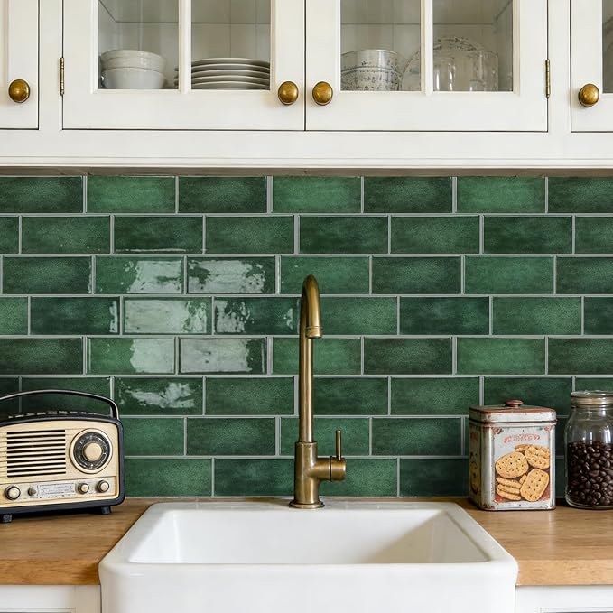 Subway Backsplash Tile Peel and Stick, Forest Green Self Adhesive Tiles for Kitchen, 10 Sheets Stick on Backsplash for Kitchen and Bathroom (11.56x8.38)