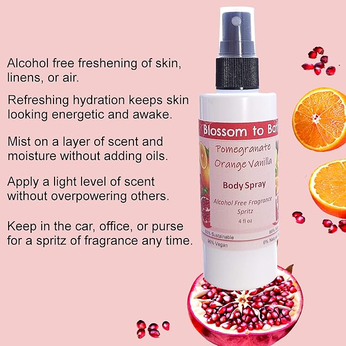 Blossom to Bath Pomegranate Orange Vanilla Body Spray (4 Ounce) - Natural Fragrance - Energizes Skin with a Juicy And Cheerful Scent