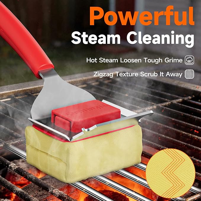 Bristle Free Grill Brush with Scraper for Outdoor Grill Cleaning, Safe Steam BBQ Grill Cleaner, Replaceable Head, Grilling Accessories for Cast Iron, Stainless Steel, Porcelain, Ceramic Grates - Red