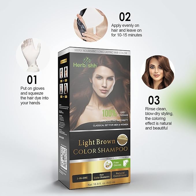 Herbishh Gray Hair Color Shampoo - Light Brown 500ML with Travel Pack Stain Remover Wipes