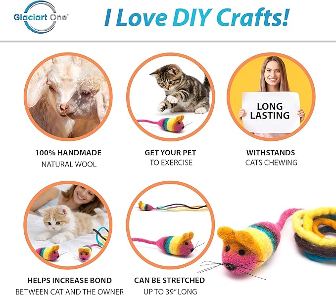 Glaciart One Felt Mouse Cat Toy – Soft Fuzzy Enrichment 100% Natural Wool - Interactive Catnip Play Cat Toy Set - Safe for Pets, Non-AZO Colored Dyes - 42” Long
