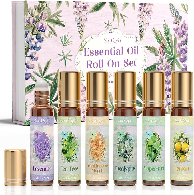 Essential Oil Roll On Set, Natural Aromatherapy Oils with Portable Roller Ball for Skin Care- Tea Tree, Frankincense & Myrrh, Lavender, Peppermint, Eucalyptus, Lemon - Gifts for Women & Men