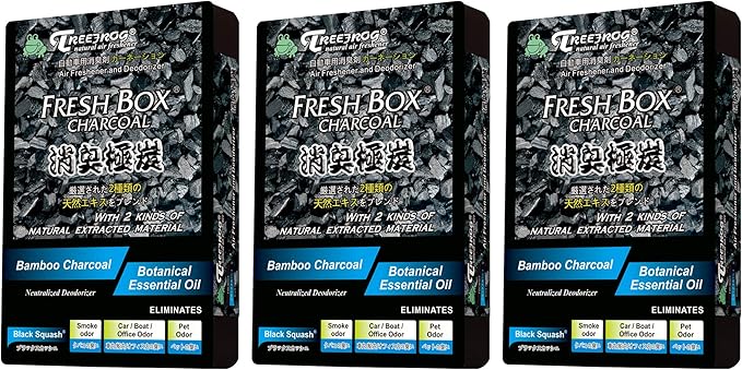 Treefrog Xtreme Fresh Charcoal Black Squash x3, White Peach Scent x3 Air Freshener, Deodorizer and Neutralizer air, Special Bundle Mixed Pack, Black Bamboo Charcoal, Large Size 200g.