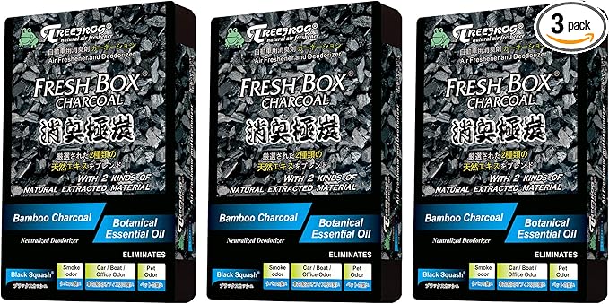 Treefrog Xtreme Fresh Box Charcoal Black Squash Scent 3-Pack Car Air Freshener, Deodorizer and Neutralizer air, Plus Smelling Great, Black Bamboo Charcoal, Generously Large Size 200g.