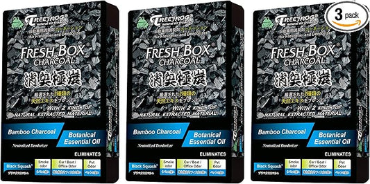 Treefrog Xtreme Fresh Box Charcoal Black Squash Scent 3-Pack Car Air Freshener, Deodorizer and Neutralizer air, Plus Smelling Great, Black Bamboo Charcoal, Generously Large Size 200g.