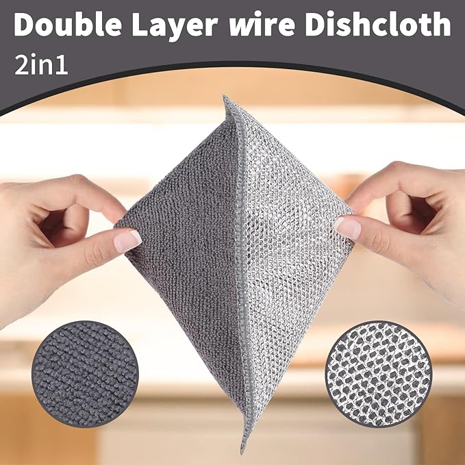 5 Pack Dual-Sided Metal Wire Dishcloth, Reusable Non-Scratch Cleaning Pads with Fabric Side for Nonstick Cookware, Pots, Pans & Kitchen Cleaning