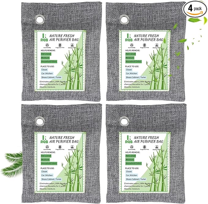 4 Pack Activated Charcoal Odor Absorber. Nature Fresh Bamboo Charcoal Air Purifying Bag Home Closet Air Freshener Deodorizer and Moisture Eliminator, Purifier for Closet, Shoe, Car Air freshener