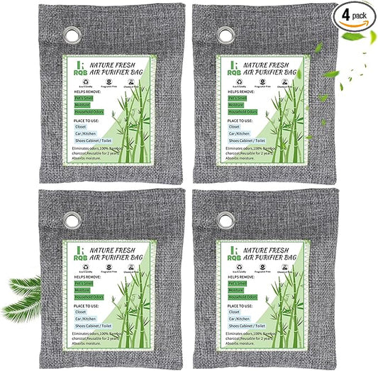 4 Pack Activated Charcoal Odor Absorber. Nature Fresh Bamboo Charcoal Air Purifying Bag Home Closet Air Freshener Deodorizer and Moisture Eliminator, Purifier for Closet, Shoe, Car Air freshener