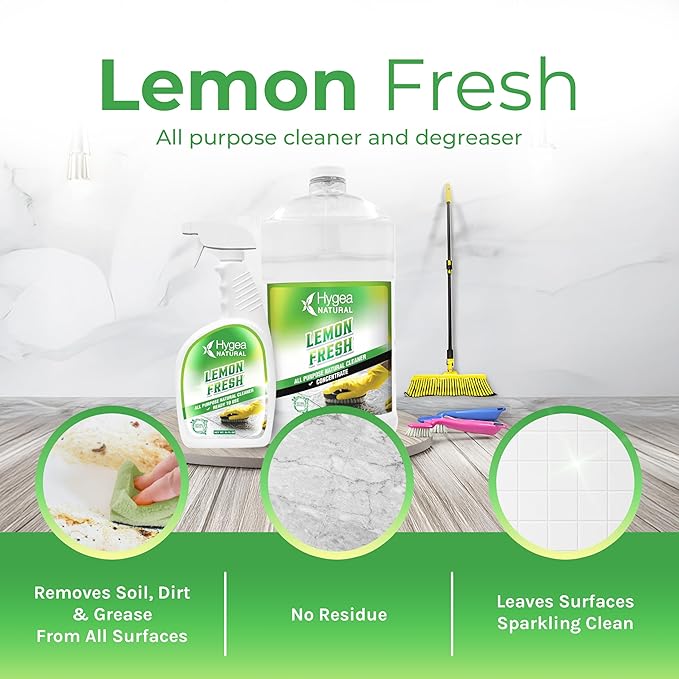 Hygea Natural Lemon Fresh All Purpose Cleaner - Chemical-Free - Removes Soil, Dirt & Grease - Wet Gloss Finish - Biodegradable, pH-Neutral & Ammonia Free (24oz Spray & 128oz Concentrated Gallon)