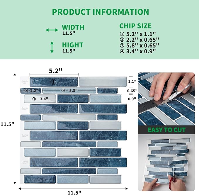 LONGKING Self-Adhesive Kitchen Backsplash, Marble Look Decorative Tiles (10 Tiles) (Dark Blue)