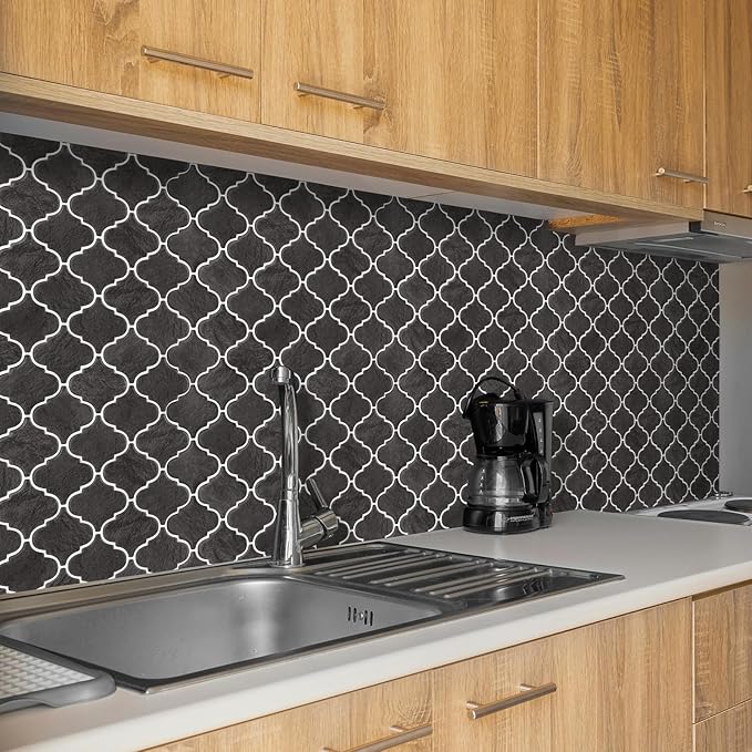 Arabesque Peel and Stick Backsplash for Kitchen, Thicker Design 3D Self Adhesive Wall Tiles, 12"x12" Peel and Stick Wall Tiles, Dark Grey 10-Sheet Stick on Tile for Kitchen and Bathroom.