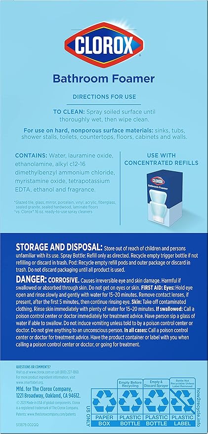 Clorox Bathroom Foamer Refillable Cleaner, Household Essentials, 1 Bottle and 1 Refill, Fresh Scent, 1.13 Fl Oz
