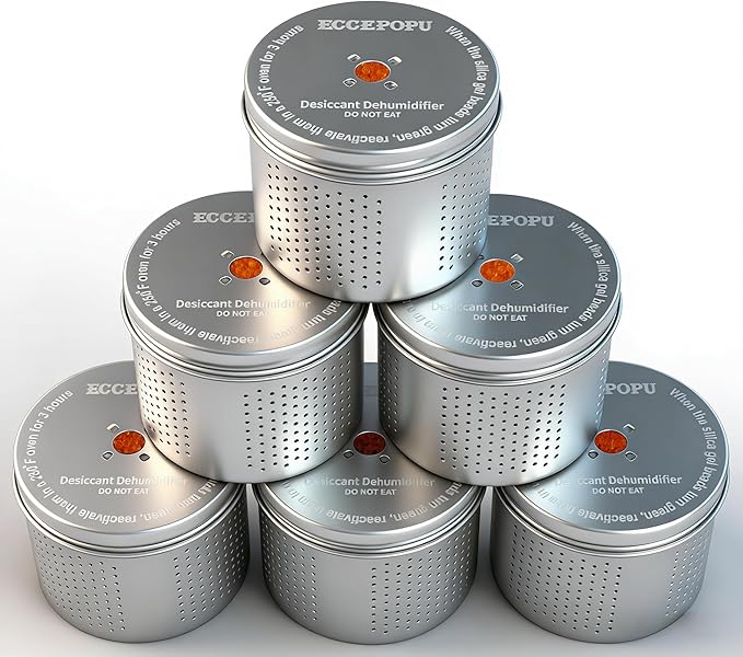 Gun Safe Dehumidifier - Portable Moisture Absorber, 200g Reusable Indicating Silica Gel Desiccant Canister for Gun Cabinets & Safes, Protect 160 Cubic Feet, Aluminum Shell,Silver