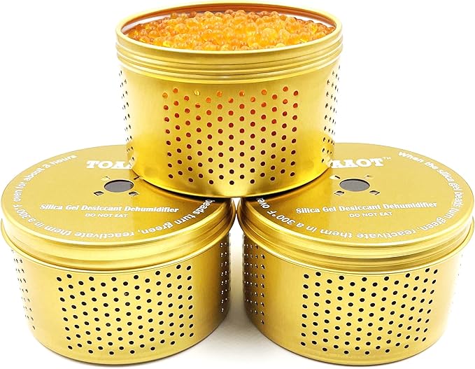 Gun Safe Dehumidifier 200g - Small Silica Gel Desiccant Canister, Moisture Absorber for Gun Cabinets & Safes, Protect 80 Cubic Feet, Gold, Aluminum Shell
