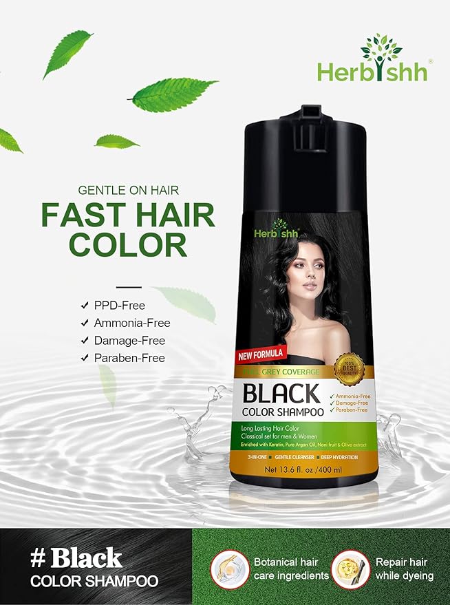 Herbishh Hair Color Shampoo for Gray Hair Black 400 ML + Hair Color Stain Remover Wipes + Travel Pack With 5 Wipes