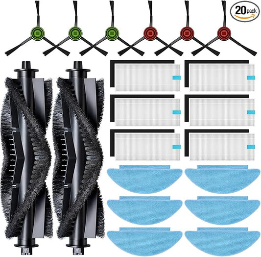20-Piece L9000 Replacement Parts Compatible with Tikom L9000, L8000, Lubluelu SL60D, Laresar L6 Nex, Honiture Q6 SE Robot Vacuum Accessories, 2 Main Brushes, 6 Side Brushes, 6 HEPA Filters, 6 Mop Pads