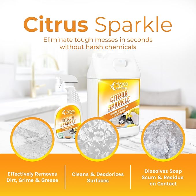 Hygea Natural Citrus Sparkle Chemical-Free Heavy Duty Degreaser & All Purpose Cleaner - Pure Citrus Extracts & Natural D-limonene - Removes Grease, Dirt & Grime (24oz Spray & 128oz Gallon)