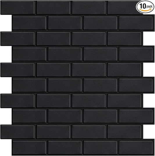 Matte Black Peel and Stick Subway Tiles for Kitchen, Thicker Design Stick on Tlies for Living Room, Large 10-Sheet Self-Adhesive Kitchen Backsplash (12''횞12'')