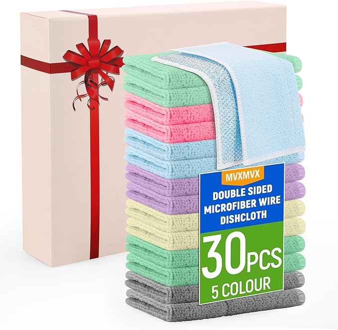 2-Sided Cleaning Dish Towels for Kitchen Microfiber Wash Cloths,30pcs Non Scratch Wire Dishcloth,Wire Dishcloth Home Essentials-Reusable Steel Wool Scrubber Washcloths,Set for Pans Sinks & Cookware