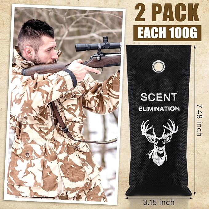 2 Pcs Scent Elimination for Hunting Charcoal Odor Absorber for Strong Odors Scent Away Elimination Hunting Accessories Long Lasting Eliminator Charcoal Bags for Hunters