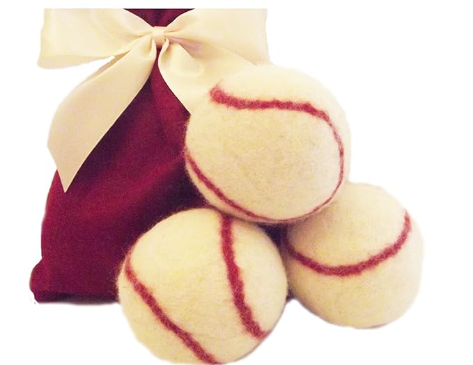 3 Wool Baseballs, Dryer Balls 100% Wool Ecofriendly- All-Natural Fabic Softener and Engery Saver - Cute Baseball Design Gift Set of Three - Handmade in America, Natural and Unscented