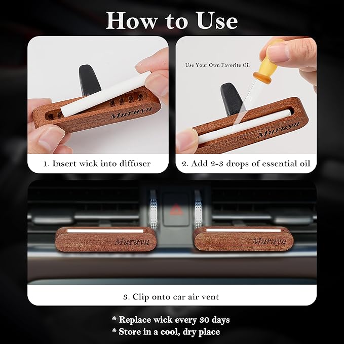 2-Pack Car Vent Clip Diffuser, Natural Sapele Wood Car Air Freshener for Essential Oils, Refillable Solid Wood Design (No Essential Oils)