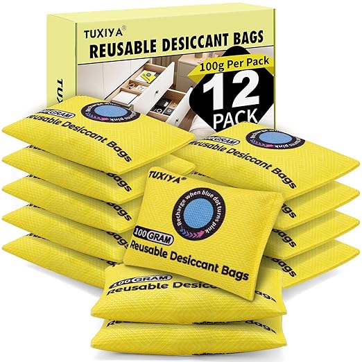 12Pack(100g Each) Rechargeable Silica Gel Desiccant Packets,Color Indicating Desiccant Packs for Storage,Moisture Absorbers for Storage Bins,Suitcase,Safes,3D Filaments,Wet Zones and Cars