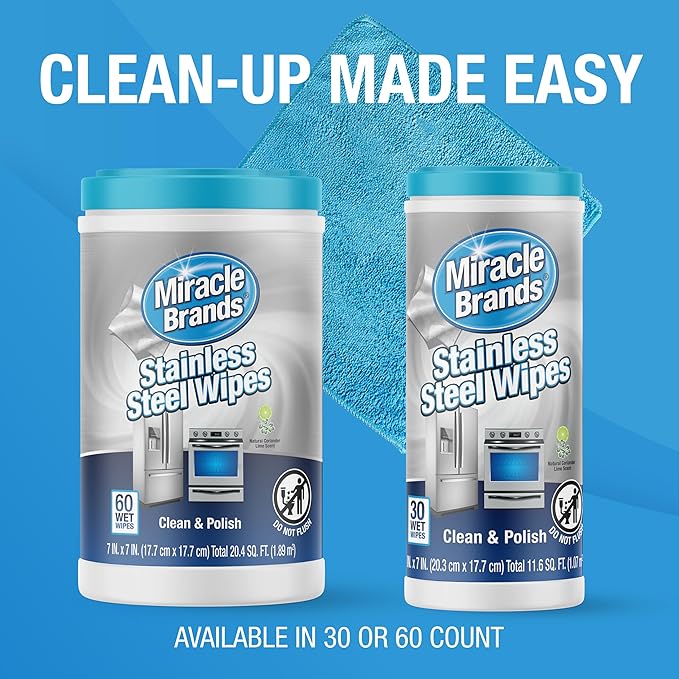 MiracleWipes for Stainless Steel, Great for Kitchen and Appliances, Including Oven, Refrigerator, Dishwasher, Microwave, Sink, Hood, Grill, Removes Fingerprints and Smudges - 30 Count