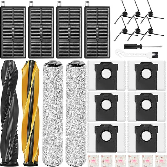Replacement Kit for DREAME Aqua10 Ultra Roller Robot Vacuum, 1 Pair Main Brushes, 2 Roller Mops, 4 Filters, 6 Side Brushes & Dust Bags & Scented Tablets, 1 Cleaning Brush