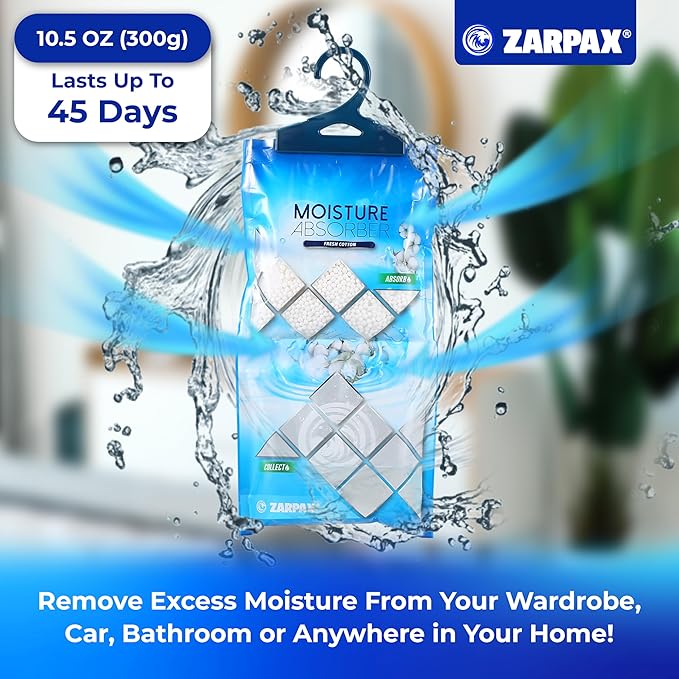 Hanging Moisture Absorber Fresh Cotton 10.6 oz/300g | Moisture Absorbing Bags for Bathroom, Closet, Kitchen & Vehicles | Removes Moisture, Humidity & Odors | Portable Dehumidifier | Set Of 20
