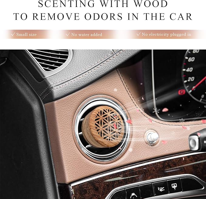2 PCS Wood Car Essential Oil Diffuser, Wooden Aromatherapy Essential Oils Diffuser with Vent Clip, Wood Vent Clip Air Freshener for Vehicle Office Home Bedroom (Particle Model)