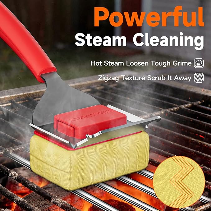 TISHI HERY Bristle Free Grill Brush Replaceable Head for Outdoor Grill Cleaning, Safe Steam BBQ Grill Cleaning Pad Replacement for Cast Iron, Stainless Steel, Porcelain, Ceramic Grates - Red