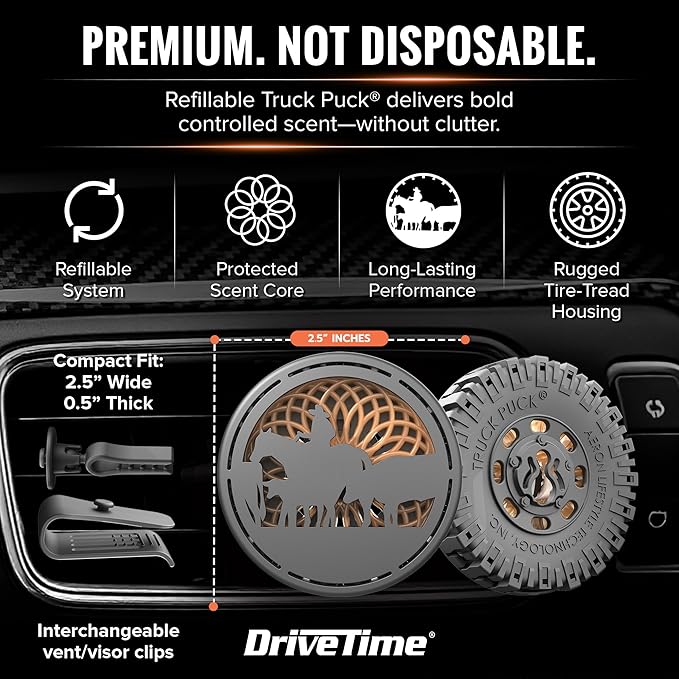 Drive Time Truck Puck Campfire Night Fragrancee Car Air Freshener – Long-Lasting Car Deodorizer, Refillable Vent & Visor Clip Auto Air Freshener for Car, Truck & SUV, Premium Fragrance, Pack of 3