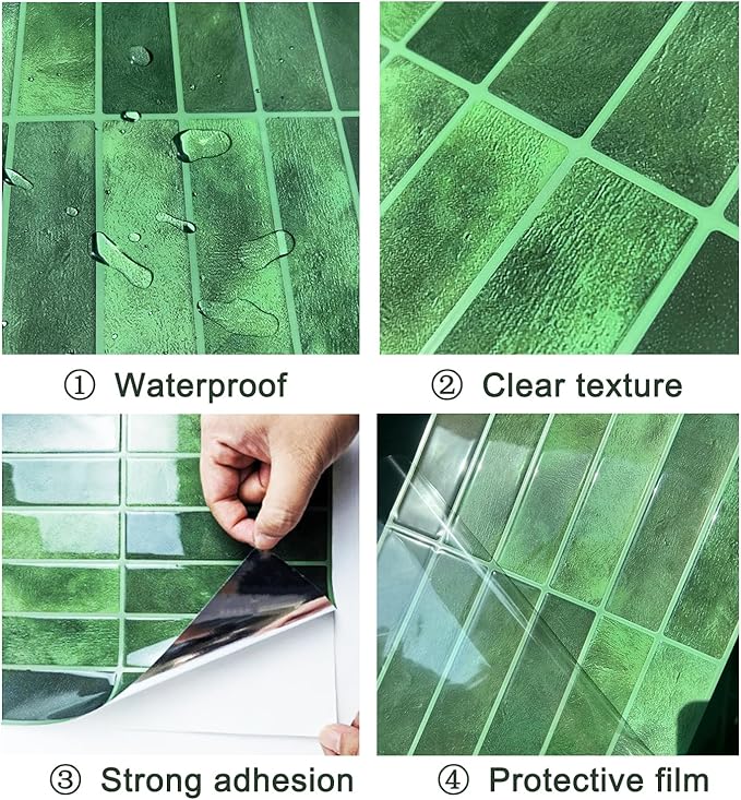 10 Sheet Thicker Subway Tiles Peel and Stick Backsplash,Splash Proof Green Rectangular Self-Adhesive Wall Tiles for Kitchen and Bathroom(11.4" x 9")