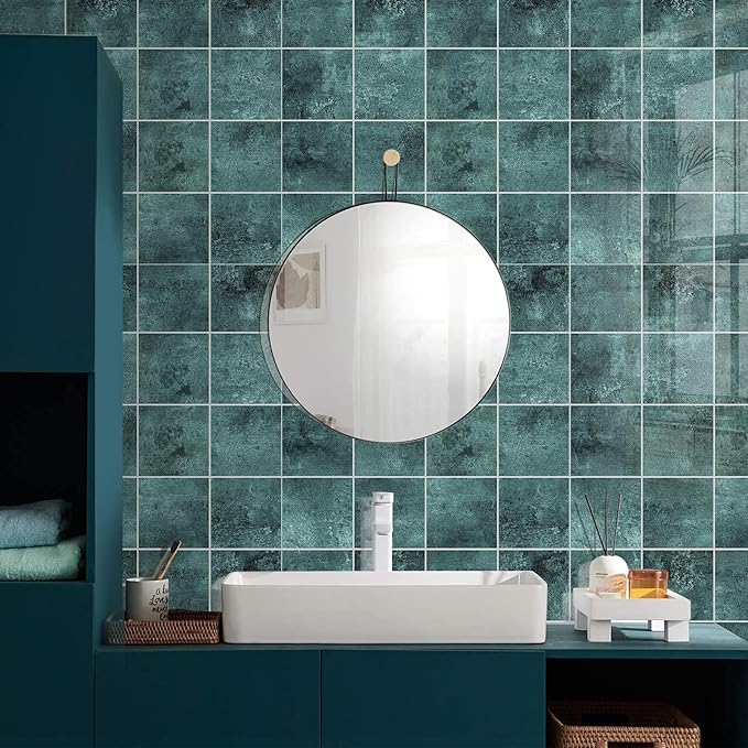 Peel and Stick Tiles for Kitchen Backsplash, New Upgrade Design 9" x9" SPC Square Marble Tiles, Marble Green Premium Mosaic Tiles(5-Sheet)