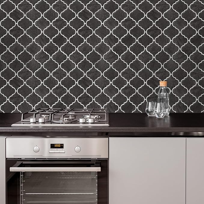 Arabesque Peel and Stick Backsplash for Kitchen, Thicker Design 3D Self Adhesive Wall Tiles, 12"x12" Peel and Stick Wall Tiles, Dark Grey 10-Sheet Stick on Tile for Kitchen and Bathroom.