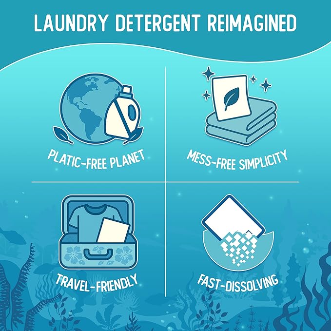 Reef Sheets Laundry Detergent Sheets, 64 loads, Hypoallergenic & Plastic-Free Eco-Friendly Packaging, Gentle on Skin, Tough on Stains, Travel-Friendly, Deep Blue Ocean Scent, 32ct