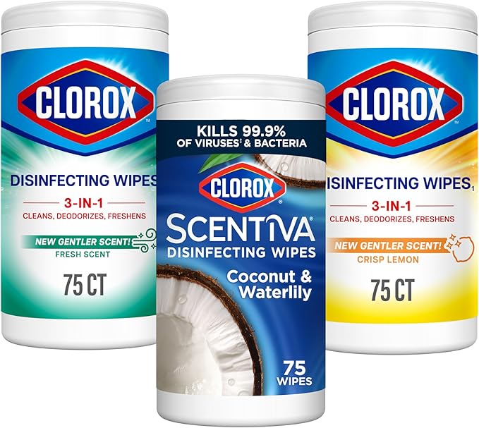 Clorox Disinfecting Cleaning Wipes, Bleach Free, Crisp Lemon, Fresh Scent, Scentiva Coconut and Waterlily, 75 Count Each (Package May Vary)