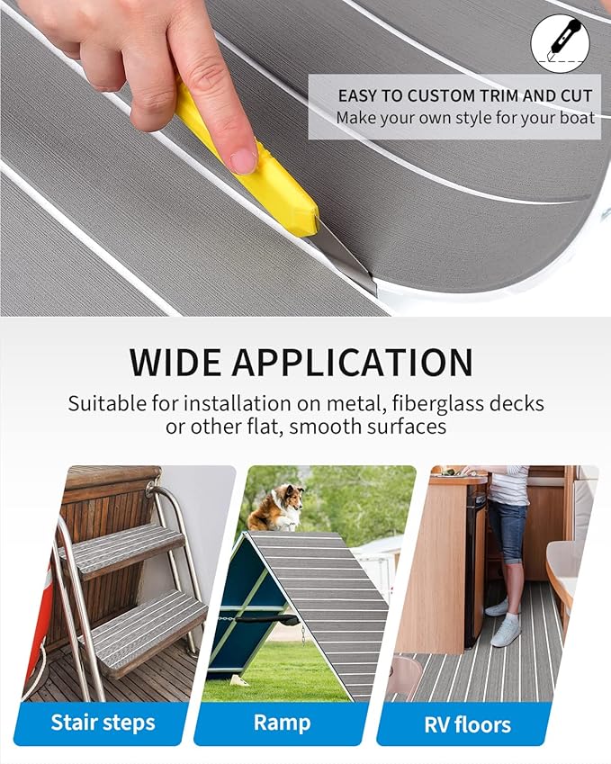 OCEANBROAD EVA Foam Boat Flooring with 3M Adhesive Backing Marine Self-Adhesive Decking 96''x45.6''/36''/28.8''/16.8'', 48''x16.8'' Faux Teak Sheet for Jon Boats Swim Platform Helm Pad RV Floor
