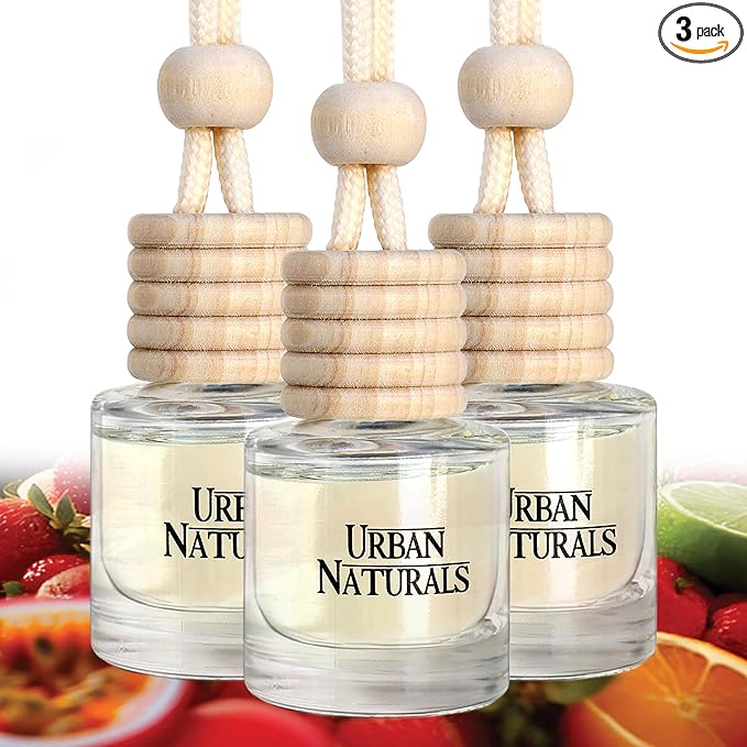 Urban Naturals Car Air Freshener Diffuser 3 Pack - Tropical Breeze Scent, 45+ Days Long Lasting Fragrance, Made in USA, Glass & Wood, Hanging Design + Vent Cip, Easy to Use